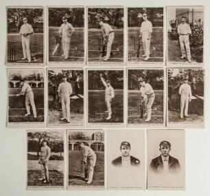 &lsquo;The Australian Cricket Team 1909&rsquo;. Fourteen sepia real photograph individual postcards of the fifteen members of the Australian cricket team who toured England in 1909, by Davidson Brothers of London. Twelve of the players are depicted standing full leng