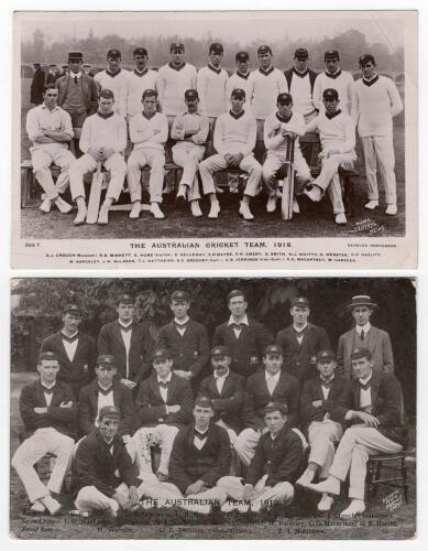 Australia tour to England 1912. Triangular Test Tournament. Two mono postcards, one a real photograph, of the Australian touring party seated and standing in rows. The real photograph postcard published by Beagles&rsquo;, photo by Central Press, series no. 333.