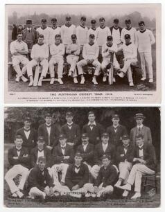 Australia tour to England 1912. Triangular Test Tournament. Two mono postcards, one a real photograph, of the Australian touring party seated and standing in rows. The real photograph postcard published by Beagles&rsquo;, photo by Central Press, series no. 333.