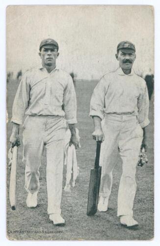 Australia tour to England 1912. Triangular Test Tournament. Mono printed postcard of Australians Macartney and Gregory walking off the field, both wearing tour caps and carrying bats. Printed title &lsquo;C.G. McCartney [sic] and S.E. Gregory&rsquo;. The verso, with 
