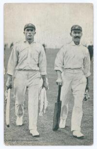 Australia tour to England 1912. Triangular Test Tournament. Mono printed postcard of Australians Macartney and Gregory walking off the field, both wearing tour caps and carrying bats. Printed title &lsquo;C.G. McCartney [sic] and S.E. Gregory&rsquo;. The verso, with 