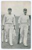 Australia tour to England 1912. Triangular Test Tournament. Mono printed postcard of Australians Macartney and Gregory walking off the field, both wearing tour caps and carrying bats. Printed title &lsquo;C.G. McCartney [sic] and S.E. Gregory&rsquo;. The verso, with 