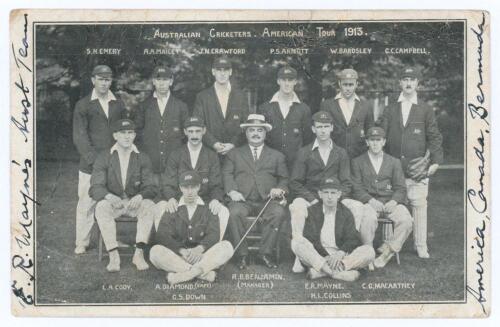 &lsquo;Australian Cricketers American Tour 1913&rsquo;. Mono printed postcard of the Australian touring party seated and standing in rows wearing tour caps and blazers. Printed title and players&rsquo; names to image. Annotated in ink to front borders by tour member, Edgar