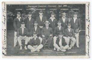 &lsquo;Australian Cricketers American Tour 1913&rsquo;. Mono printed postcard of the Australian touring party seated and standing in rows wearing tour caps and blazers. Printed title and players&rsquo; names to image. Annotated in ink to front borders by tour member, Edgar