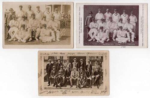 Australia tour to England 1921. Three sepia/ mono postcards of the Australia team, seated and standing in rows. One is a real photograph, titled &lsquo;Australian Cricket Team 1921&rsquo;, the players wearing cricket attire. Publisher unknown. The others are mono pri