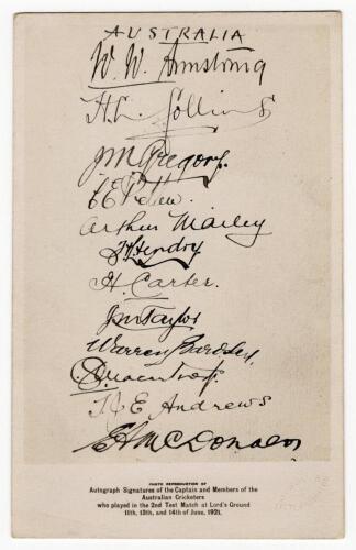 &lsquo;Australia 1921&rsquo;. &lsquo;Photo reproduction of Autograph Signatures of the Captain and Members of the Australian Cricketers who played in the 2nd Test Match at Lord&rsquo;s Ground 11th-14th of June 1921&rsquo;. Very rare mono postcard depicting the signatures of the Austra