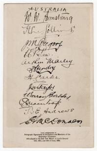 &lsquo;Australia 1921&rsquo;. &lsquo;Photo reproduction of Autograph Signatures of the Captain and Members of the Australian Cricketers who played in the 2nd Test Match at Lord&rsquo;s Ground 11th-14th of June 1921&rsquo;. Very rare mono postcard depicting the signatures of the Austra