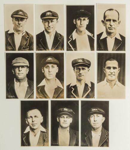 Australia tour to England 1926. Eleven real photograph postcards of individual members of the Australian touring party, each depicted head and shoulders, the majority wearing tour caps and blazers. Published by Empire Publishing Co., London with printed p