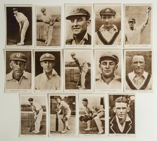 Australia tour to England 1930. Fourteen sepia real photograph postcards, each depicting an individual member of the Australian touring party in various cricketing poses, some head and shoulders. Printed title &lsquo;Australian Test Team&rsquo; and player&rsquo;s name to l