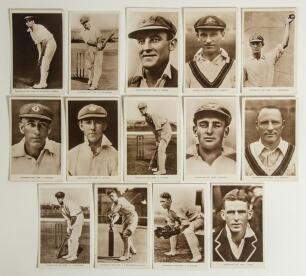 Australia tour to England 1930. Fourteen sepia real photograph postcards, each depicting an individual member of the Australian touring party in various cricketing poses, some head and shoulders. Printed title &lsquo;Australian Test Team&rsquo; and player&rsquo;s name to l
