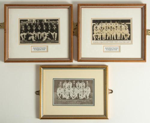 Australian tour of England 1930. Four original real photograph postcards of the Australian team, two identical published by Bolland, one by F.J. Bookstall and the other an advertising postcard for Jaegar, sports clothing. Three are window mounted, framed 