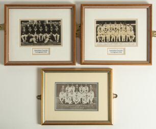 Australian tour of England 1930. Four original real photograph postcards of the Australian team, two identical published by Bolland, one by F.J. Bookstall and the other an advertising postcard for Jaegar, sports clothing. Three are window mounted, framed 