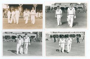 Australia tours to England 1934-1956. Four original sepia/ mono real photograph postcards by Walkers Studios of Scarborough, each of Australian players taking the field in tour matches played at Scarborough. One from the 1934 tour depicts Bill Woodfull le