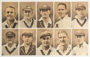 Australia. The Ashes 1936/37. Ten original sepia toned postcards of head and shoulders images of members of the Australian team. Issued by Amalgamated Press in 1936, each card is printed to verso &lsquo;This is a real photogravure portrait&rsquo; with biographical de
