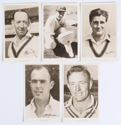 Australia tour to England 1953. Five sepia real photograph postcards of members of the Australian team. Four players, depicted head and shoulders, are Lindsay Hassett, Ray Lindwall, Bill Johnston and Keith Miller, the other of Ian Craig &lsquo;padding up&rsquo;. Each