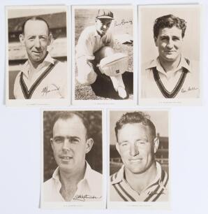 Australia tour to England 1953. Five sepia real photograph postcards of members of the Australian team. Four players, depicted head and shoulders, are Lindsay Hassett, Ray Lindwall, Bill Johnston and Keith Miller, the other of Ian Craig &lsquo;padding up&rsquo;. Each