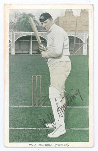 Warwick Windridge Armstrong. Victoria & Australia. 1898-1921. Tinted colour printed postcard of Armstrong, full length, in batting pose wearing Australian cap at Lord&rsquo;s during the Australian tour of England in 1909. Nicely signed in black ink by Armstrong