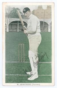 Warwick Windridge Armstrong. Victoria & Australia. 1898-1921. Tinted colour printed postcard of Armstrong, full length, in batting pose wearing Australian cap at Lord&rsquo;s during the Australian tour of England in 1909. Nicely signed in black ink by Armstrong
