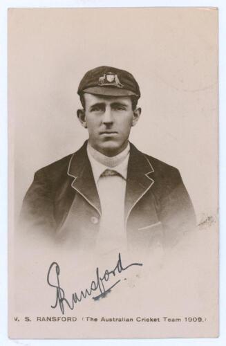 Vernon Seymour Ransford. Victoria & Australia 1903-1928. Sepia real postcard of Ransford depicted head and shoulders in cameo on a white background, wearing Australia tour cap and blazer. Printed title to lower border &lsquo;V.S. Ransford (The Australian Cricke