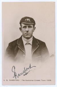 Vernon Seymour Ransford. Victoria & Australia 1903-1928. Sepia real postcard of Ransford depicted head and shoulders in cameo on a white background, wearing Australia tour cap and blazer. Printed title to lower border &lsquo;V.S. Ransford (The Australian Cricke