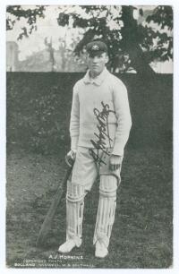 Albert John Young Hopkins. New South Wales & Australia 1896-1915. Early original mono postcard of Hopkins standing full length wearing cricket attire, Australia Test cap and leaning on his bat. Very nicely signed in black ink by Hopkins to the image. Prin
