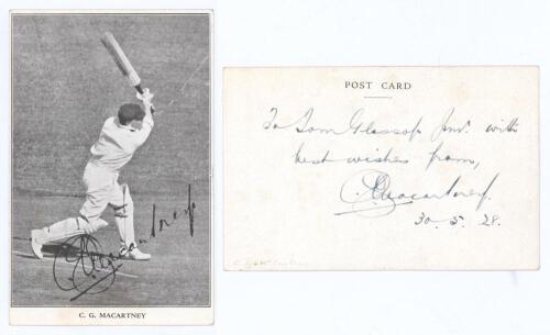 Charles George Macartney. New South Wales & Australia 1905-1926. Mono plain back postcard of Macartney playing an expansive drive with printed facsimile signature to front. To verso a presentation inscription from Macartney &lsquo;To Tom Glossop Jnr with best w