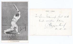 Charles George Macartney. New South Wales & Australia 1905-1926. Mono plain back postcard of Macartney playing an expansive drive with printed facsimile signature to front. To verso a presentation inscription from Macartney &lsquo;To Tom Glossop Jnr with best w