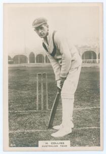 Herbert Leslie Collins. New South Wales & Australia 1909-1926. Phillips &lsquo;Pinnace&rsquo; premium issue cabinet size mono plain back real photograph trade card of Collins, full length in batting pose at the wicket, taken at Lord&rsquo;s. No. 9.C. Printed title to lower