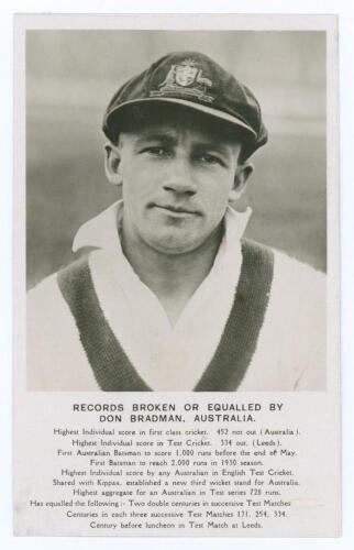 Donald George Bradman. New South Wales, South Australia & Australia 1927-1949. &lsquo;Records Broken or Equalled by Don Bradman, Australia&rsquo;. Real photograph postcard of Bradman depicted head and shoulders wearing tour cap. Barton Pictorial series. The records q