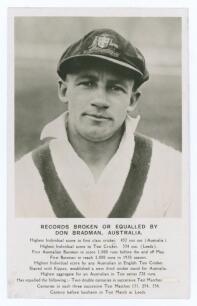 Donald George Bradman. New South Wales, South Australia & Australia 1927-1949. &lsquo;Records Broken or Equalled by Don Bradman, Australia&rsquo;. Real photograph postcard of Bradman depicted head and shoulders wearing tour cap. Barton Pictorial series. The records q