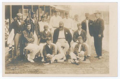 The Ashes. W.G. Grace&rsquo;s final Test match. England v Australia 1899. Very early and rare sepia real photograph postcard of the &lsquo;England XI&rsquo; seated and standing in rows wearing cricket attire, assorted blazers and caps, the Trent Bridge stands and pavilion 