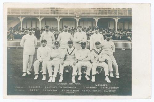The Ashes. England v Australia 1902. First Test match played at Edgbaston. Early sepia real photograph postcard of the England team seated and standing in rows wearing cricket attire and caps, the Edgbaston pavilion in the background. Printed title &lsquo;Engli