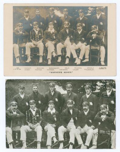England tour to Australia 1902/03. Two early original postcards of the England touring party seated and standing in rows wearing tour caps and blazers. One is a real photograph sepia postcard with printed title &lsquo;Warner&rsquo;s Ashes&rsquo; and players&rsquo; names to lower