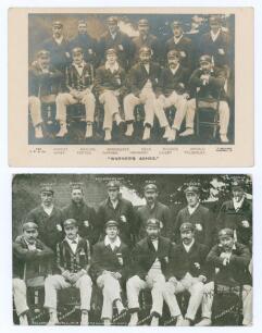 England tour to Australia 1902/03. Two early original postcards of the England touring party seated and standing in rows wearing tour caps and blazers. One is a real photograph sepia postcard with printed title &lsquo;Warner&rsquo;s Ashes&rsquo; and players&rsquo; names to lower