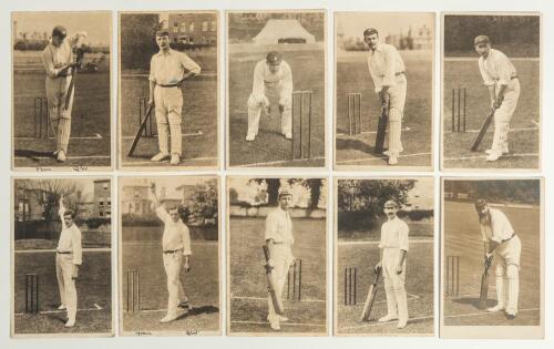 M.C.C. tour to Australia 1903/04. Ten early original sepia real photograph postcards of English cricketers, each depicted full length at the wicket in various poses. Nine appear to be from the same (unknown) series with the player&rsquo;s name printed to the lo