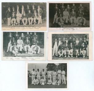 England Test teams 1905-1909. Five early mono/ sepia postcards of England teams of the period. Postcards/ teams are 1905 v Australia, printed postcard by Rosemont Photo, Leeds. Two similar of the team v South Africa 1907, one a real photograph postcard by