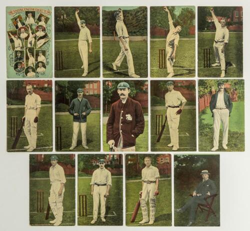 M.C.C. tour to Australia 1907/08. A selection of fourteen colour postcards published by the Melbourne Sports Depot, Melbourne. One features a montage of the members of the touring party titled &lsquo;The Visiting English Cricket Team 1907/08&rsquo;, with twelve indiv