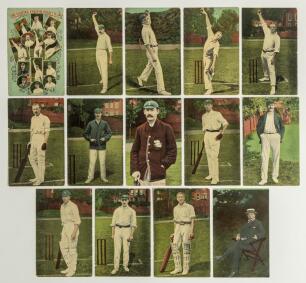 M.C.C. tour to Australia 1907/08. A selection of fourteen colour postcards published by the Melbourne Sports Depot, Melbourne. One features a montage of the members of the touring party titled &lsquo;The Visiting English Cricket Team 1907/08&rsquo;, with twelve indiv