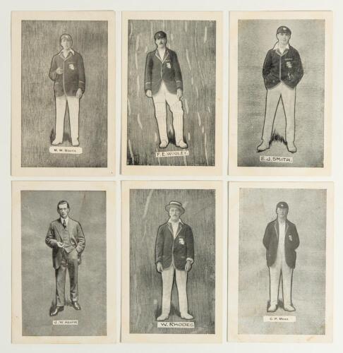M.C.C. tour to South Africa 1913/14. Six original mono postcards of members of the M.C.C. touring party. Each player is depicted full length, the majority wearing cricket attire, tour cap and blazer, with black outline set on a patterned background. Playe