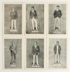 M.C.C. tour to South Africa 1913/14. Six original mono postcards of members of the M.C.C. touring party. Each player is depicted full length, the majority wearing cricket attire, tour cap and blazer, with black outline set on a patterned background. Playe