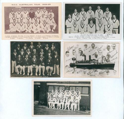 M.C.C./ England tours to Australia 1924/25-1936/37. Four mono/ sepia postcards of England touring teams of the period. Tours are 1924/25 printed card with printed Christmas greetings to verso. 1928/29 real photograph with printed title &lsquo;The Team Who Broug