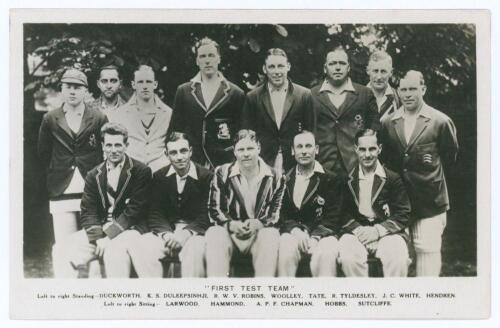 The Ashes. England v Australia 1930. Official mono real photograph postcard of the England team seated and standing in rows wearing cricket attire and assorted blazers. Printed title &lsquo;First Test Team&rsquo; and players&rsquo; names to lower border. Players featured i