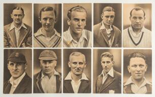 The Ashes. M.C.C. tour to Australia 1936/37. Ten original sepia toned postcards of head and shoulders images of members of the M.C.C. touring party. Issued by Amalgamated Press in 1936, each card is printed to verso &lsquo;This is a real photogravure portrait&rsquo; 