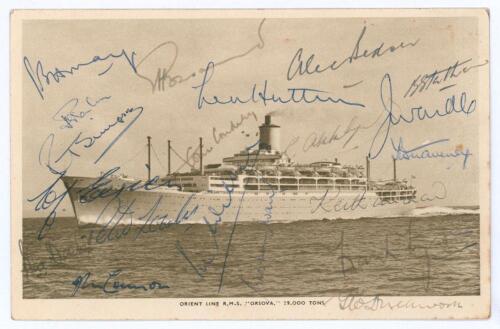 M.C.C. tour of Australia 1954/55. Mono real photograph postcard of the Orient Line R.M.S. Orsova which took the team to Australia. Signed to card face by twenty members of the touring party including Hutton (Captain), Wardle, Graveney, Loader, Statham, Ma
