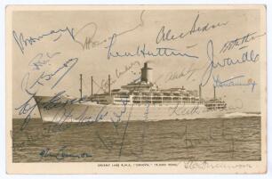 M.C.C. tour of Australia 1954/55. Mono real photograph postcard of the Orient Line R.M.S. Orsova which took the team to Australia. Signed to card face by twenty members of the touring party including Hutton (Captain), Wardle, Graveney, Loader, Statham, Ma
