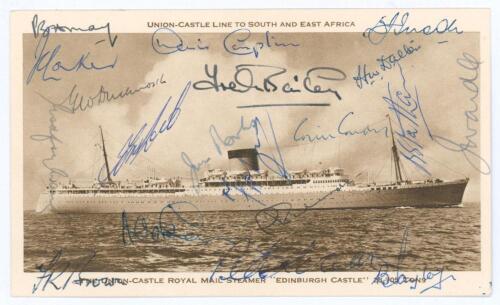 M.C.C. tour of South Africa 1956/57. Rarer real photograph sepia postcard of the Union-Castle Line R.M.S. Edinburgh Castle which took the team to South Africa. Signed to card face by nineteen members of the touring party including May (Captain), Compton, 