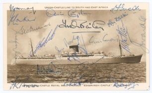 M.C.C. tour of South Africa 1956/57. Rarer real photograph sepia postcard of the Union-Castle Line R.M.S. Edinburgh Castle which took the team to South Africa. Signed to card face by nineteen members of the touring party including May (Captain), Compton, 