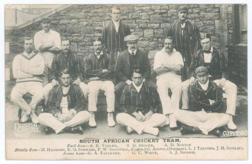 South Africa tour to England 1907. Mono postcard of the South African touring party seated and standing in rows wearing cricket attire, blazers etc. Printed title and players&rsquo; names to lower edge. Postcard by F. Bustin of Bristol. Signed in pencil (two in