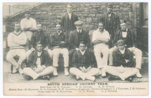 South Africa tour to England 1907. Mono postcard of the South African touring party seated and standing in rows wearing cricket attire, blazers etc. Printed title and players&rsquo; names to lower edge. Postcard by F. Bustin of Bristol. Signed in pencil (two in
