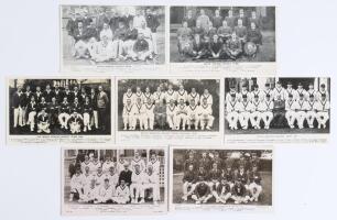 South Africa tours to England 1907-1947. Seven mono/ sepia postcards of South Africa touring teams, each with players seated and standing in rows. Includes five real photograph postcards for the tours of 1907, 1912, 1929, 1935 and 1947, and two mono print